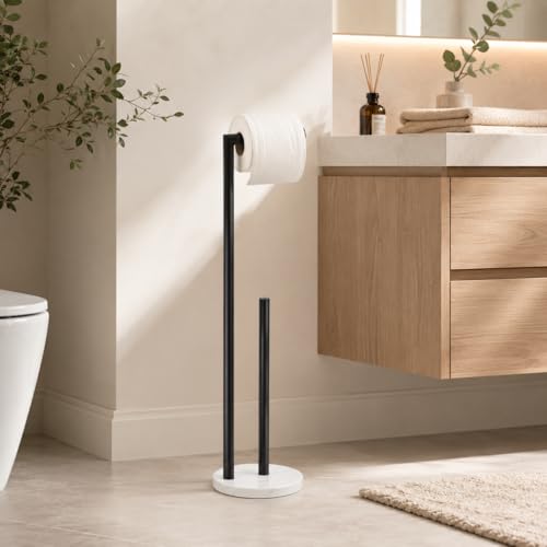 Marble Toilet Paper Holder Stand -Matte Black, Freestanding with Storage, Floor Stand, Silver Toilet Roll Holder, Standing Paper Towel Holder - color: Matte Black