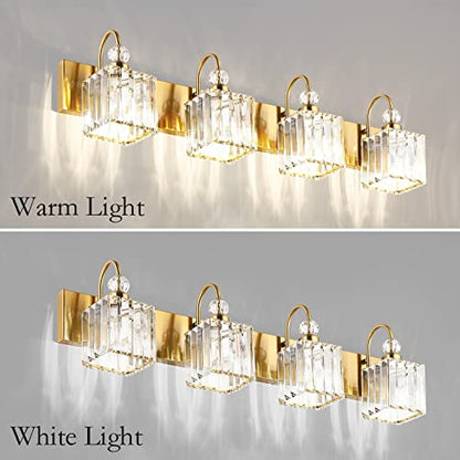 Ralbay Crystal Gold Bathroom Vanity Lights 4-Lights Vanity Lights Over Mirror Modern Crystal Gold Bathroom Wall Lighting Fixtures - color: Square-Gold, size: 4-light