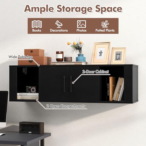 Giantex Wall Mounted Storage Cabinet 2 Cube Floating Media Hanging Desk W/2 Doors and 2 Open Shelves, Home Office Furniture for Kitchen, Bathroom, Living Room Floating Console Hutch (Black) - color: Black