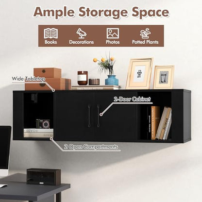 Giantex Wall Mounted Storage Cabinet 2 Cube Floating Media Hanging Desk W/2 Doors and 2 Open Shelves, Home Office Furniture for Kitchen, Bathroom, Living Room Floating Console Hutch (Black) - color: Black
