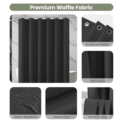Inhousolu Fabric Shower Curtain, Waffle Weave 230 GSM Polyester, Weighted Hem, Metal Hooks Included, Water Repellent Washable, 72 x 84 Inch, Black - color: Black, size: 72"W x 84"L (Pack of 1)