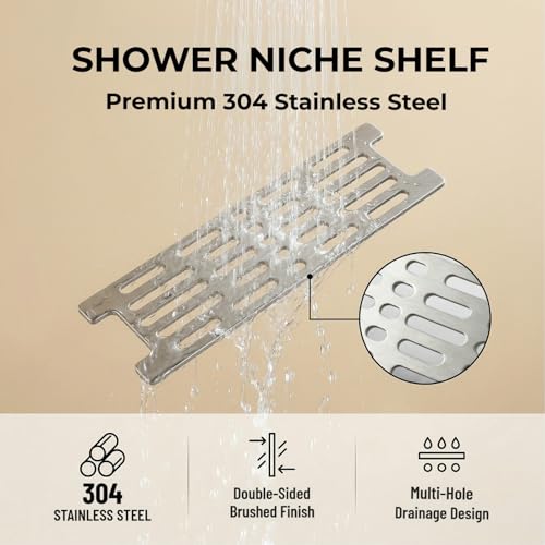 Shower Niche Shelf for 12 Inch Prefab Niches,Fits 1/8" Grout Lines | Brushed 304 Stainless Steel, Rustproof, Easy to Clean, for New Remodels (Install Pre-Tile), Fits Prefab Kerdi Board SN/-SNLT