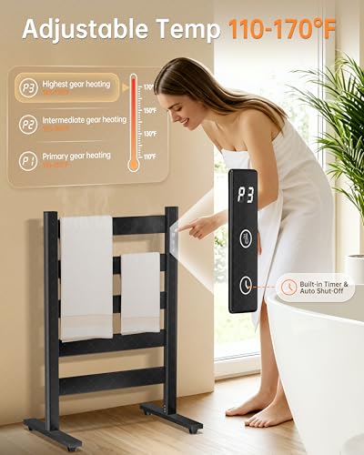 Towel Warmers for Bathroom, Space Aluminum Heated Towel Racks for Bathroom, with Built-in Timer&Temperature Adjustment, Freestanding Towel Heater，Black