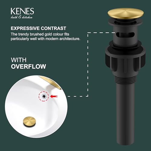 KENES Brushed Gold Pop Up Bathroom Sink Drain with Overflow, Bathroom Sink Drain Assembly with Strainer Pop Up Drain, Lavatory Bathroom Vanity Sink Pop Up Drain Stopper - color: Brushed Gold, size: Big Pop up Cap (With Overflow)