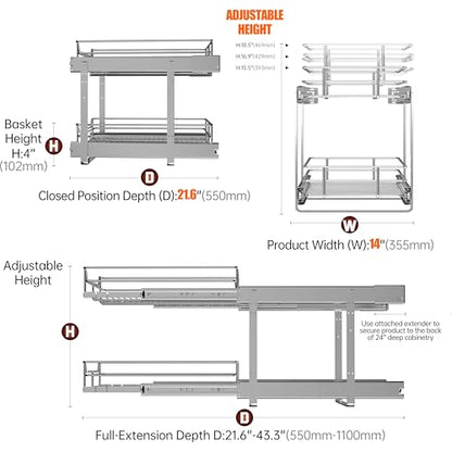 2-Tier Cabinet Pull Out Shelves, 14" W x 22" D, Chrome | Heavy-Gauge Wire Kitchen Cabinet Organizer, 100 lbs Capacity, Ball-Bearing Glides, Min 15" Opening, For Tupperware & Bowls - size: 14 x 22 Inch