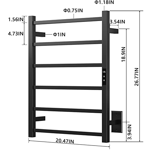Heated Towel Rack with 24hr Timer, Matte Black, Plug-in/Hardwired | 304 Stainless Steel, Wall Mounted 6-Bar Electric Towel Warmer Rack for Bathroom, with Temperature Control, 105W