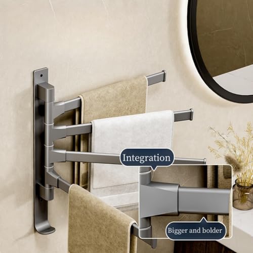 Wall Mounted 180° Swivel Multi-bar Towel Rack Towel Hanging Holder for Bathroom with Hook (Grey,2-Bar) - color: Grey, size: 2-Bar