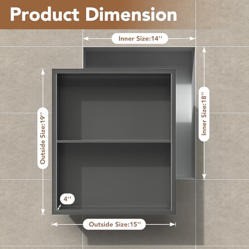 14x18 Recessed Medicine Cabinet, Bathroom Wall Cabinet, 304 Stainless Steel Recessed Wall Niche with 2-Tiers Shelves, Matte Gray - color: Matte Gray, size: 14'' x 18''