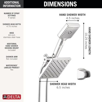 Delta Square 2-in-1 Dual Shower Head with 4-Setting HandHeld Spray, Chrome Detachable Double Shower Head with Hose, Showerhead, 1.75 GPM Flow Rate, Chrome 75755 - color: Chrome