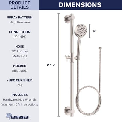 HammerHead Showers® Solid Metal 27.5 Inch Shower Slide Bar Set and Handheld Shower Head with Hose — BRUSHED NICKEL — 2.5 GPM High Pressure Spray Wand — Easily Adjust Height & Angle of Handshower - color: Brushed Nickel, size: 2.5 GPM