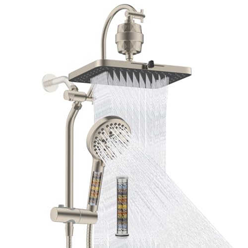 Hibbent 5-spray Filtered Rainfall Shower Head Combo, High Pressure 13'' Showerhead with 10 Spray Modes Handheld, All Metal 3 way Diverter Shower Arm, 71'' Hose and Holder, Brushed Nickel - color: Brushed Nickel, style: Square 13" with filter