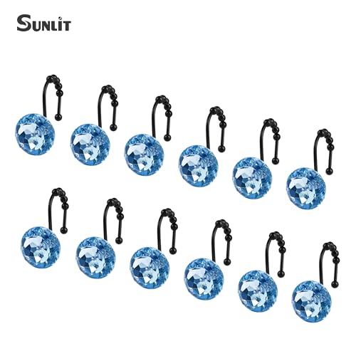 Sunlit Luxury Design Round Blue Diamond Crystal Gem Bling with Glide Balls Shower Curtain Hooks, Rust Proof Metal Rhinestones Glam Shower Curtain Rings with Black Hooks, Set of 12 - color: Blue With Black Hooks