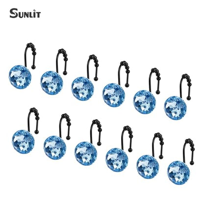 Sunlit Luxury Design Round Blue Diamond Crystal Gem Bling with Glide Balls Shower Curtain Hooks, Rust Proof Metal Rhinestones Glam Shower Curtain Rings with Black Hooks, Set of 12 - color: Blue With Black Hooks