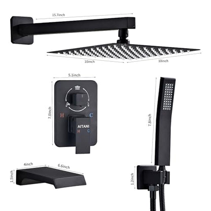 Shower Faucet Set Complete, Shower System Black with 10 inch Square Rainfall Shower Head 3-Function Handheld Shower Waterfall Bathtub Spout Rain Shower Combo Mounted Bathroom Wall fit All Valve Types - style: 10inch-with tub spout