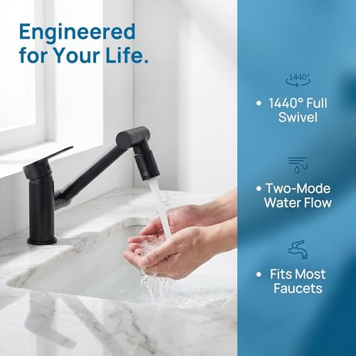 1440° Rotating Faucet Extender with 5cm Telescopic Arm Dual Mode Splash-Proof Kitchen Sink Sprayer Universal Fit Water Saving Aerator Adapter Chrome Finish for Bathroom Washing - color: Black