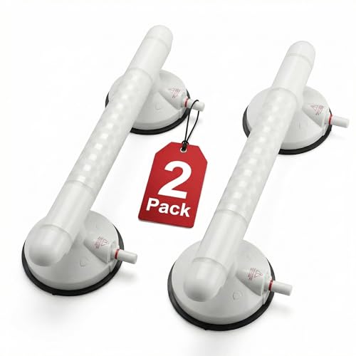 Magicbox Grab Bars for Bathtub and Shower, 2 Pack 18 inch Re-Pressurizable Vacuum Suction Handle with Red Line Indicator, No Drilling Bathroom Grab Bar for Seniors - color: Pearl, size: 18.3inch