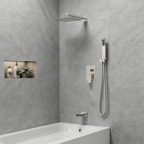 SR SUN RISE 8 Inch All Metal Square Shower System with Tub Spout, Tub Shower Faucet Set, High Pressure Rain Shower Head and Handheld Sprayer Shower Fixtues, Valve Included, Brushed Nickel - color: Brushed Nickel, size: 8 Inch