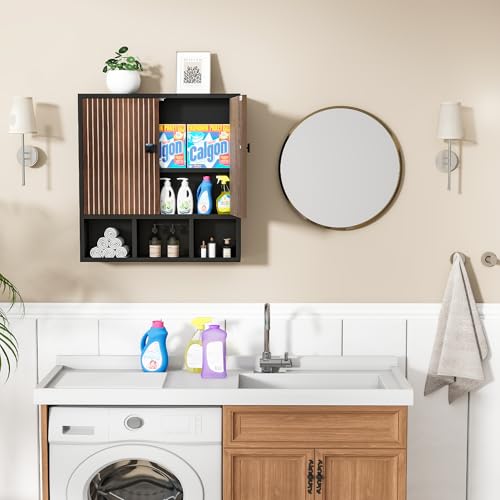 Bathroom Wall Cabinet,Wooden Medicine Cabinet with Fluted Doors Over The Toilet Storage Cabinet with Adjustable Shelf for Bathroom (Black) - color: Black-wood Block