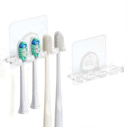 Adhesive Toothbrush Holders 2 Pack,4 Slots for Family, Clear | No Drill Wall Mounted, Holds 4 Replacement Heads or Toothbrushes, Quick Dry, Countertop Saver, For Bathroom & RV