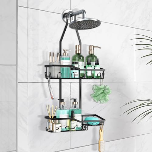 Shower Caddy Hanging,Rustproof Anti-Swing Shower Organizer,2 Tier Hanging Bathroom Caddy Anti-swing and Non-slip,Bathroom Organizer with 18 Hooks for Razor/Sponge (Black, Large)
