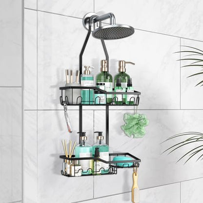 Shower Caddy Hanging,Rustproof Anti-Swing Shower Organizer,2 Tier Hanging Bathroom Caddy Anti-swing and Non-slip,Bathroom Organizer with 18 Hooks for Razor/Sponge (Black, Large)