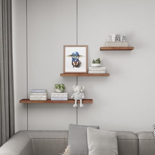 SAUMONIERES Floating Wall Shelves for Bedroom Bathroom Wall Mounted Solid Wood Shelf 24 Inch Set of 3, Walnut Floating Shelves - color: Walnut, size: 24 Inch-3 shelves