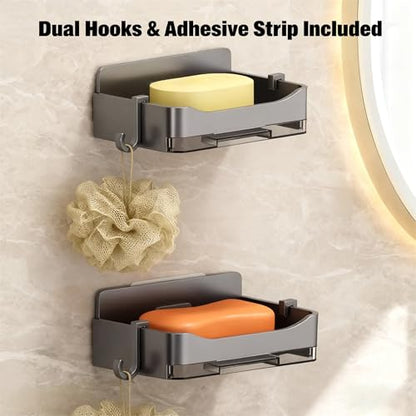 Wall Mounted Soap Holder for Shower, No Drilling Soap Dish with Hooks, Self-Draining Bar Soap Holder Keeps Dry, Removable Shower Soap Holder for Bathroom, Bathtub, Kitchen,Adhesive Included