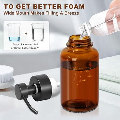 Amber Foam Soap Dispenser, 14.1 oz/400ml Foaming Hand Soap Dispenser, 2 Pack Glass Foaming Dispenser for Bathroom & Kitchen, Refillable Liquid Dispenser Bottle with Waterproof Labels - color: Amber Bottle+black Pump