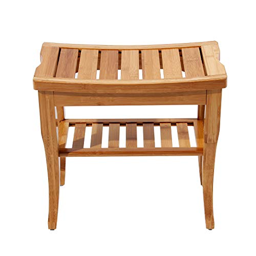 soges Bamboo Shower Bench, Waterproof Shower Stool with Storage Shelf, Wood Bath Organizer Seat, KS-HSJ-04 - color: Teak