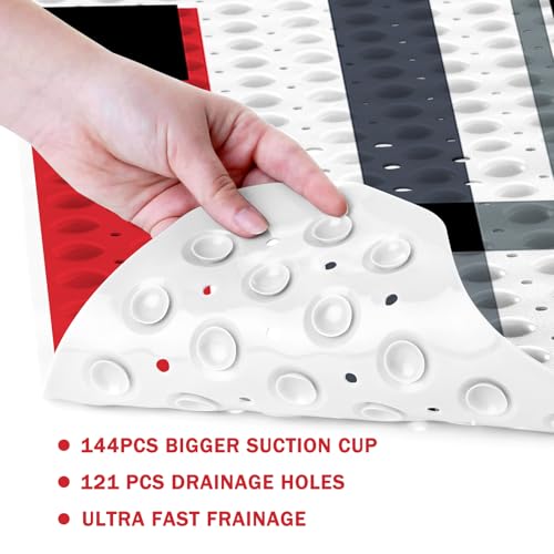 Red Black Bath Tub Mat Non Slip, Modern Geometric Large Washable Shower Mats with Drain Holes and Suction Cups,40 X 16 Inch - color: Red Black