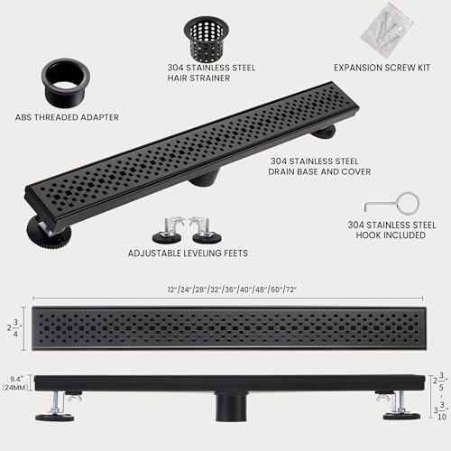 Linear Shower Drain, 24 inch Matte Black | Including Hair Catcher and Removable Grate, 304 Stainless Steel, Easy to Install and Clean (Drain Base Not Included) - color: Matte Black, size: 24 inch