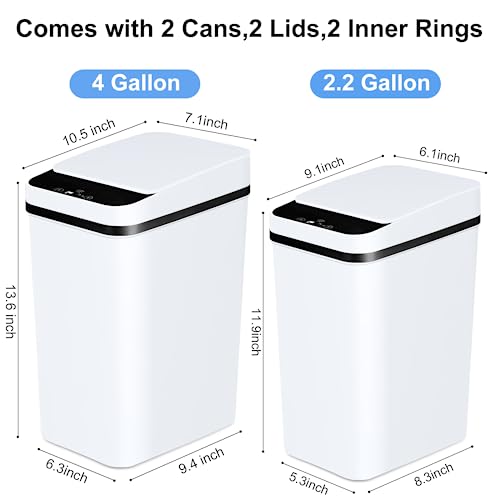 Anborry Bathroom Trash Cans with Lid 2 Pack Touchless Automatic Motion Sensor 2.2 Gal & 4 Gal Small Garbage Can, Smart Electric Narrow Garbage Bin for Bedroom Office Kitchen (White) - color: 2 Pack 2.2 Gallon & 4 Gallon White