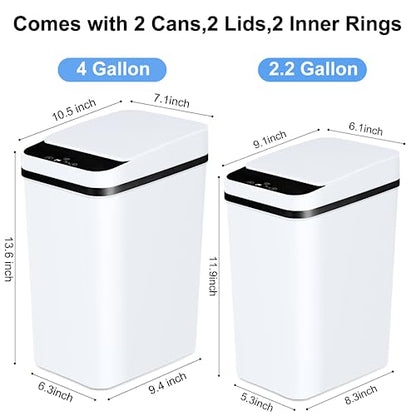 Anborry Bathroom Trash Cans with Lid 2 Pack Touchless Automatic Motion Sensor 2.2 Gal & 4 Gal Small Garbage Can, Smart Electric Narrow Garbage Bin for Bedroom Office Kitchen (White) - color: 2 Pack 2.2 Gallon & 4 Gallon White