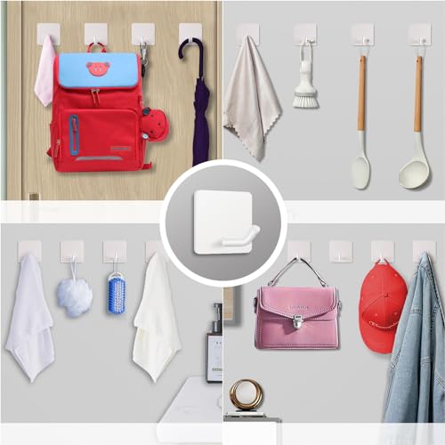 Adhesive Towel Hooks Heavy Duty Stick on Towel Holder Wall Hangers Waterproof Stainless Steel Sticky Hooks for Hanging White Bathroom Kitchen Home-4 Packs - color: White