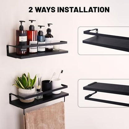 Elevon Floating Shelves for Bathroom Organizer Over Toilet, Bathroom Shelves Wall Mounted with Towel Rack, Corner Wall Shelf for Bedroom Decor Kitchen Storage (Black, Set of 2)