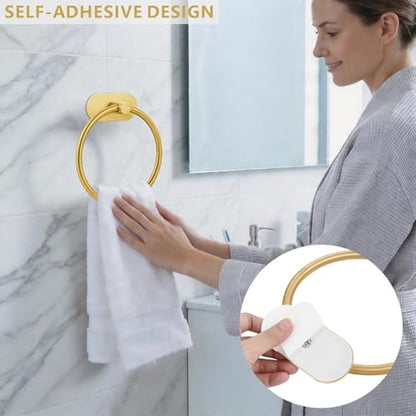 Self-Adhesive Towel Ring, No Drill Stainless Steel Round Hand Towel Holder, Rustproof Waterproof Towel Hanger with Strong Sticky Base, Modern Wall-Mounted Towel Loop for Bathroom Kitchen (Gold) - color: Gold