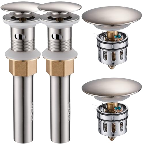 REGALMIX Bathroom Sink Drain with Overflow, Brushed Nickel Pop Up Drain 2 Pack, All Metal Bathroom Sink Stopper for Vanity Vessel Sink, Stainless Steel and Brass, RM083J-P2 - color: Brushed Nickel-2 Pack, size: With Overflow
