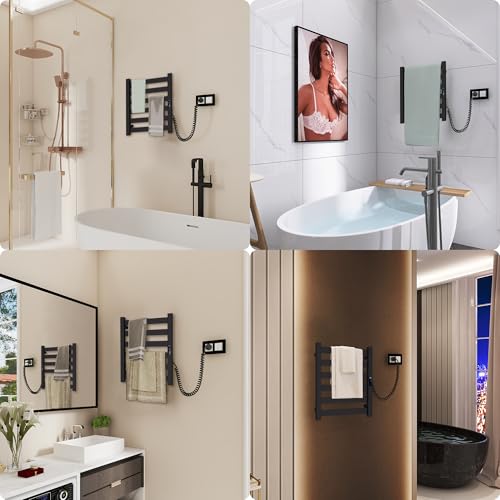 6-Bar Wall Mounted Towel Warmer Rack, Electric Heated Towel Rack for Bathroom, Fast Heating & Constant Temperature, Built-in Timer & Adjustable Temp, Plug-in, Matte Black - color: Black, size: 6-Bars