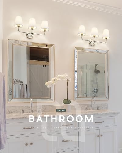 Bathroom Light Fixtures, Brushed Nickel Vanity Lights with Flared White Fabric Shade, 3 Light Wall Sconce, Modern Sconces Wall Lighting for Hallway Bedroom, VL837-BN-3 | 24.5" bathroom light fixtures over mirror, upward only, E26 base, bulbs not included,