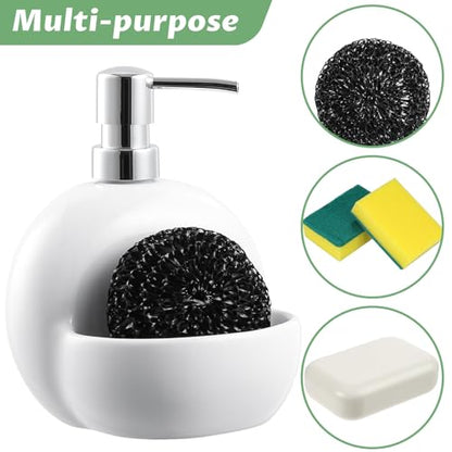 RQYIXI Round Ceramic Dish Soap Dispenser with Sponge Holder, White, 15 Oz | caddy kitchen sink organizer mesh scrubber refillable pump countertop lotion bathroom vanity - color: Round White