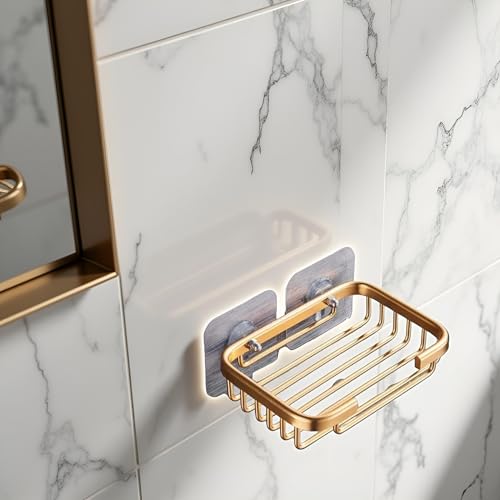 Gold Bar Soap Holder for Shower Wall,Stainless Steel Adhesive Soap Dish for Bathroom,Drill Free Soap Holder Storage Rack Soap Dishes Bathroom Accessories Holders and Dispensers
