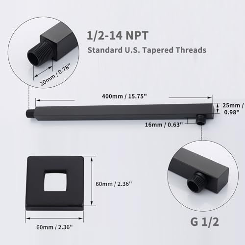 Shower Head Extension Arm Black Shower Arm 16 Inch【SUS304 Stainless Steel】 Matte Black Shower Extension Rain Shower Head Extender With Flange Replacement Wall Mount Square, SA1-BK - color: Matte Black