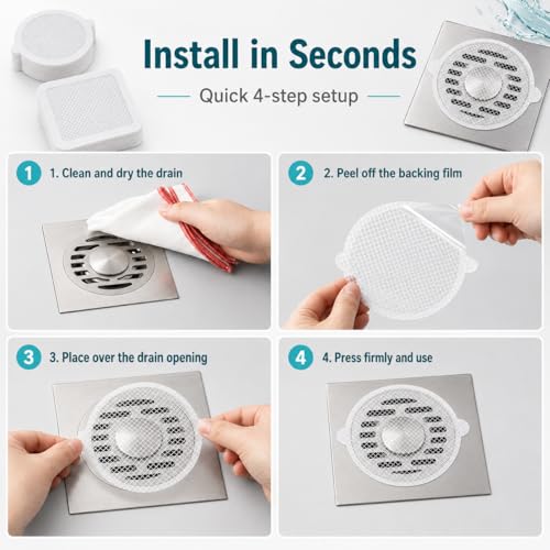 Disposable Drain Hair Catcher Mesh Stickers, Round & Square Shower Drain Covers for Hair, Adhesive Bathtub Sink Drain Protector, Disposable Hair Trap Strainer for Bathroom, Kitchen, Tub