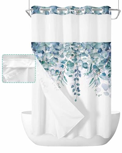 No Hook Shower Curtain and Snap in Liner Set, Blue Green Eucalyptus Fabric Bathroom Stall Shower Curtains 54x78, See Through Mesh Top Window, Spring Summer Botanical Floral Leaves Country Hotel Style - color: Blue Green, size: 54"W x 78"L (Pack of 1)