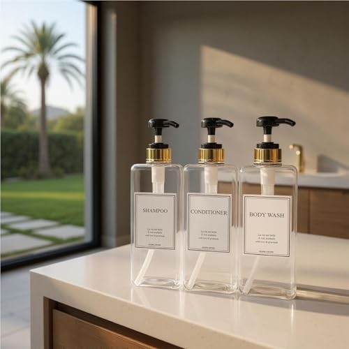 Modern Gold Design Shampoo and Conditioner Dispenser, Large 27oz Shower Soap Dispenser, Set of 3 Refillable Empty Plastic Pump Bottles for Bathroom (6 Waterproof Labels Included), (Clear & Black) - color: Clear & Black