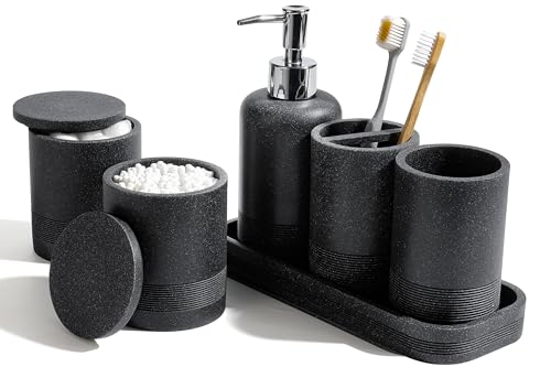 Bathroom Accessories Set, 6-Piece Bathroom Accessory Set, Toothbrush Holders Set, Soap Dispenser, Vanity Tray, Tumbler, Cotton Swab Jars, Bathroom Organizer for Modern Bathrooms(Black) - color: Black