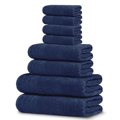 8 Piece Towel Set, 2 XL Bath, 2 Hand, 4 Washcloth, Navy | 100% Cotton, Lighter Weight, Quicker to Dry, Super Absorbent, Perfect for Bathroom - color: Navy