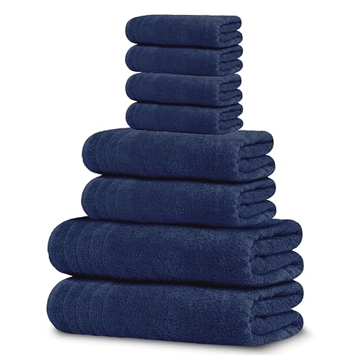 8 Piece Towel Set, 2 XL Bath, 2 Hand, 4 Washcloth, Navy | 100% Cotton, Lighter Weight, Quicker to Dry, Super Absorbent, Perfect for Bathroom - color: Navy