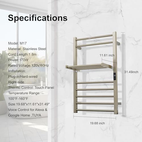 Heated Towel Warmer Rack Electric Bathroom with Voice Control Alexa & Google Home,TUYA Wall-Mounted,Stainless Steel,31.5x19.69x11.61in,Foldable Storage,Plug-in,Brushed Nickel,10 Bars - color: Bruched Nickel With Wifi & Shelf
