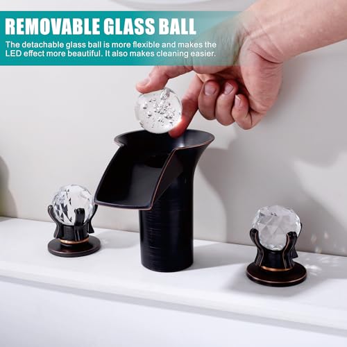 SKOWLL Oil Rubbed Bronze Waterfall Bathroom Faucet 3 Hole, Free Floating Crystal Ball with LED Light, Two Handle 8 Inch Widespread Faucet for Bathroom Sink - color: Oil Rubbed Bronze